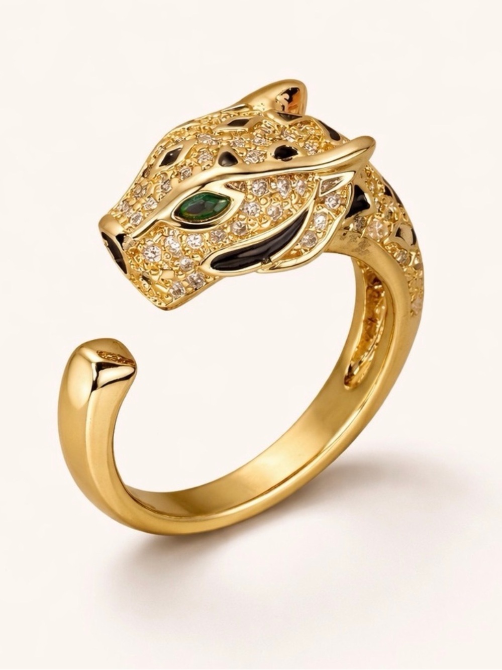 Panther Head Adjustable Ring with Green Eye